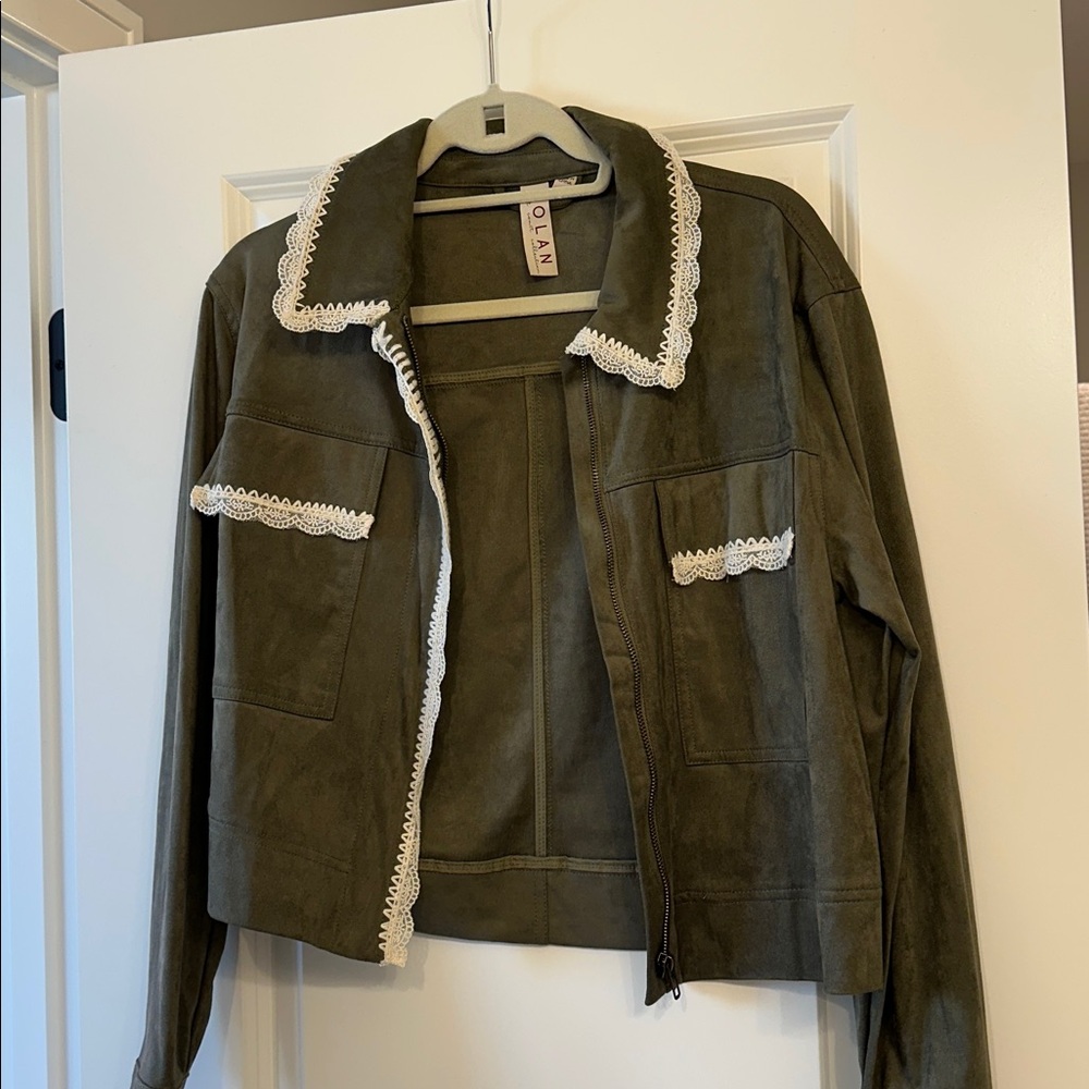 NWOT Anthropologie x Dolan Lace Trim Green Suede Jacket size S